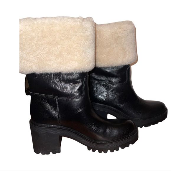 Marc Fisher Willoele Black Leather Shearling Collar Calf High Boots - Picture 3 of 8